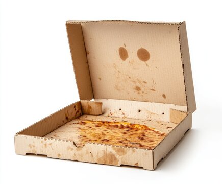 Empty pizza box with grease stains and leftover cheese