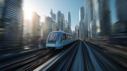 雲に包まれた未来都市を走る高架鉄道と線路旅の道電車旅