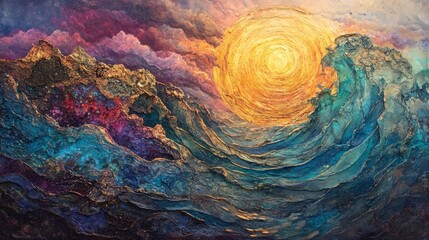 Composed of intricate, ever-flowing radio signals, the figure pulses with divine chakra energy, immersed in a boundless ocean of iridescent geological waves.