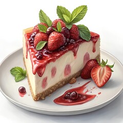 Creamy Strawberry Cheesecake with Berry Sauce and Fresh Mint
