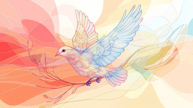 In a continuous line style, a peace dove with a branch represents freedom and love in a whimsical hand-drawn design