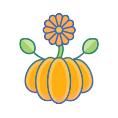 Stylized marigold flower growing on a pumpkin shape