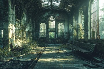 Abandoned train station interior slung derelict forsaken outcast