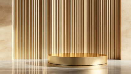 Golden cylindrical platform before slatted wood backdrop