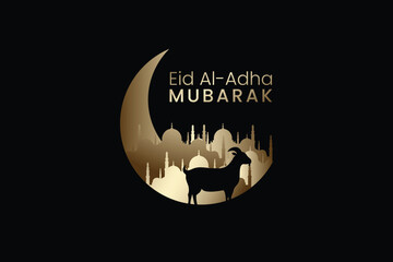 Naklejka premium Eid al-Adha Mubarak with Crescent Moon, Goat and Mosque as Background.
