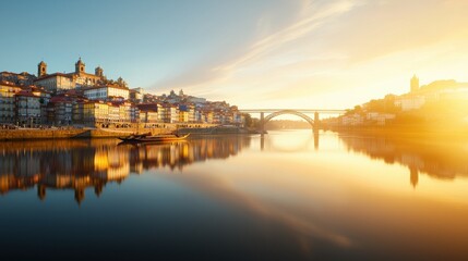 Fototapeta premium Enchanting View of a European City Reflected on Water at Sunset