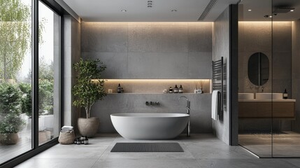 Spacious bathroom in gray tones with heated floors modern interior