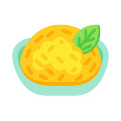 Bowl of yellow risotto garnished with a green leaf