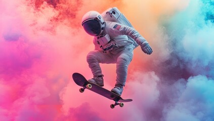 Fototapeta premium astronaut soaring on skateboard amidst vibrant nebulae a cosmic fusion of exploration and thrill