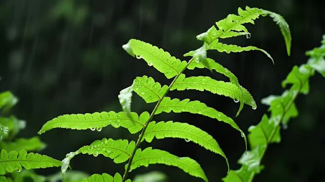 Lush Green Fern Frond with Water Droplets in a Dark Tropical Forest Environment