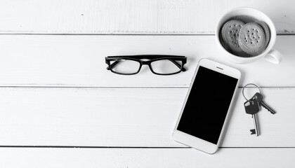 Smartphone glasses cup biscuit key lifestyle emerging tech on white wooden table with modern minimalism style