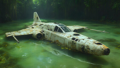 A weathered spacecraft rests submerged in a tranquil, green lagoon, nestled within a dense, verdant jungle.  Its rusted hull hints at a forgotten past