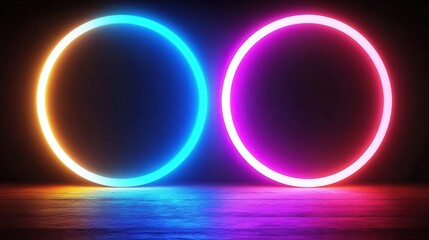 Obraz premium Vibrant Neon Circles on Dark Wooden Floor