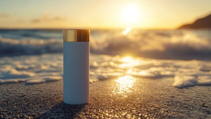 elegant white tube with golden lid sitting against golden sunset ocean backdrop for cosmetic branding