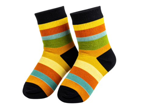 Colorful striped crew socks pair with vibrant rainbow horizontal bands in yellow, orange, green and black on transparent white background for fashion accessories concept