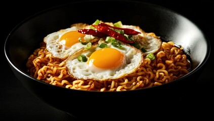 spicy instant noodle topped with fried eggs and red chili peppers in dark moody style photography