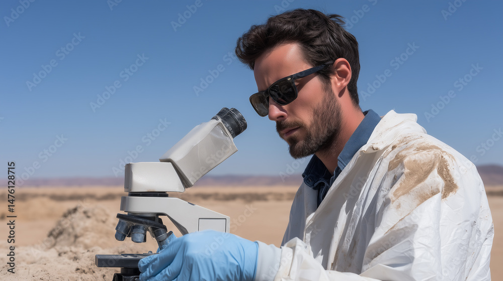 Poster scientist man wearing sunglasses and gloves examines sample with microscope in dry desert field stat