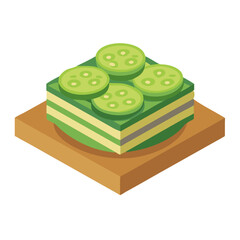 Isometric green dessert cake with cucumber slices on top