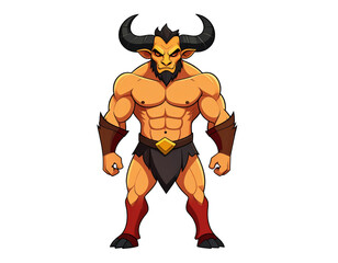 Fototapeta premium Muscular minotaur warrior character with horns and tribal outfit in cartoon anime style
