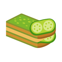 Stylized layered avocado and bread sandwich against a dark background