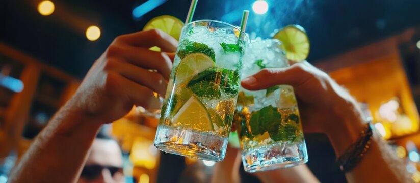celebrating friendship and leisure with refreshing mojitos in a vibrant bar, embodying the joyful atmosphere of an evening out with close friends and delicious cocktails