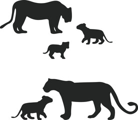 Silhouettes of big cats and cubs, family of lions or tigers, black vector illustration for wildlife, nature, and animal-themed designs
