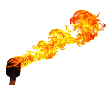 Dramatic burning torch with bright orange and yellow flames on wooden handle isolated on transparent background for fire and energy designs.