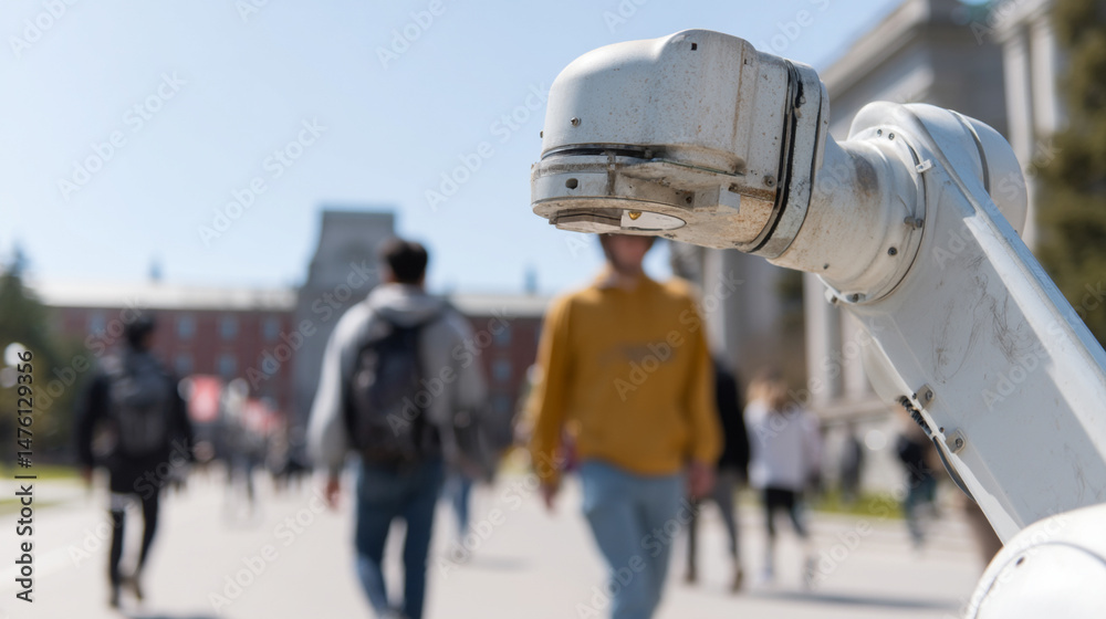Poster Robotic arm cleaning surface in busy university campus, with students walking in background, showcasing technology and innovation in public spaces