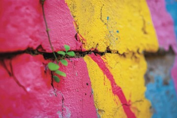 Vibrant painted wall with a small plant sprouting from a crack