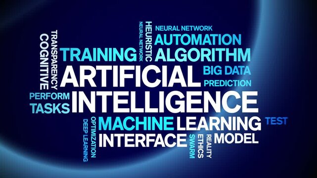 Artificial intelligence animated word cloud;text design animation tag kinetic typography seamless loop.