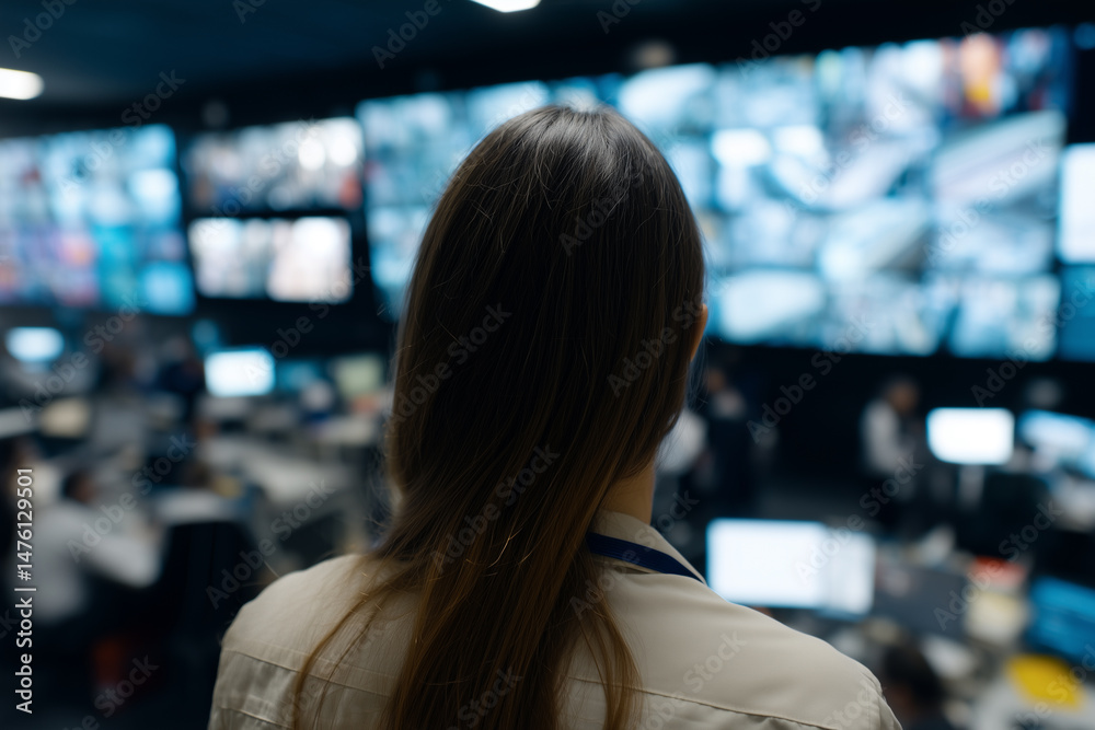 Poster Female IT director observing busy control room with multiple large screens displaying data, technology focused environment, professional atmosphere, leadership, and focus