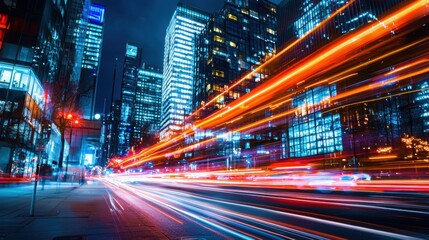 Obraz premium Dynamic Hyperlapse of Busy City Square with Bright Car Lights at Night