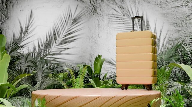 Yellow hard-shell suitcase standing on wooden podium surrounded by tropical plants and white textured wall. Travel and vacation concept. Design for banner, poster. Studio product display.