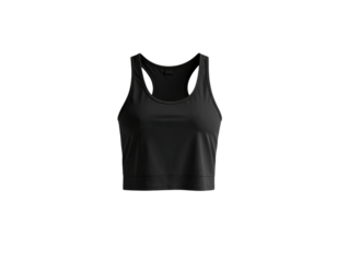 Black athletic sports bra with racerback design isolated on transparent background for fitness and activewear concepts.