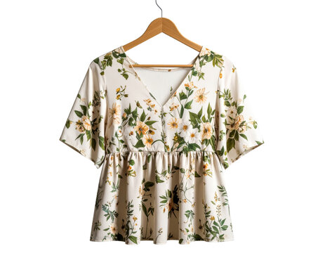 A stylish women's floral blouse with a V-neck and short sleeves, featuring a cream background with a delicate pattern of yellow and white flowers and green leaves