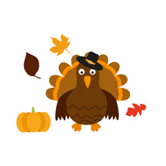 Cheerful turkey holding Happy Thanksgiving sign beside roast turkey and pumpkin. Great for seasonal promotions, festive ads, or holiday event posters