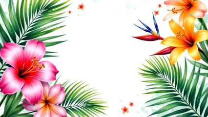 Obraz premium Vibrant Tropical Flowers Hibiscus Bird of Paradise Palm Leaves Summer Floral Design E