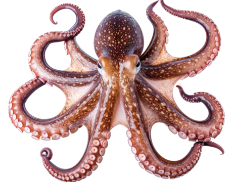 octopus with spotted reddish-brown skin and curled tentacles displaying prominent suction cups on transparent background, showcasing marine biology in striking detail.