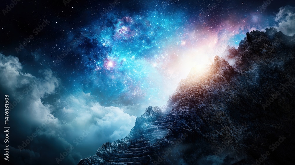 Poster celestial event cosmic exploration outer space digital art dreamlike atmosphere wide angle infinite 