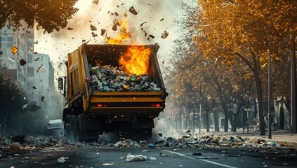 Garbage truck engulfed in flames, symbolizing environmental disaster and highlighting waste management issues on city streets
