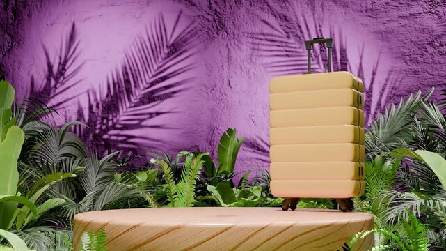 Yellow hard-shell suitcase standing on wooden podium surrounded by tropical plants and pink textured wall. Travel and vacation concept. Design for banner, poster. Studio product display.