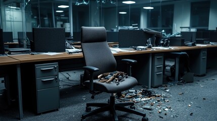 Office chaos abandoned workspace corporate environment destruction and disarray empty viewpoint
