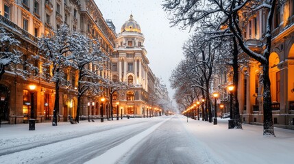 Snow-Laden Trees Lining the Streets of Bucharest on a Serene Winter Evening