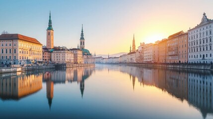 Obraz premium Stunning View of European City Skyline Reflected in Serene Water at Sunset