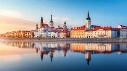 Fototapeta premium Stunning View of European City Skyline Reflected in Calm Water at Sunrise