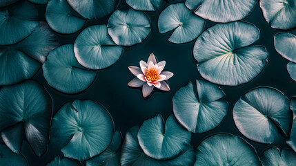 Serene water lily blossom amidst teal lily pads.  Perfect for meditation, spa, or nature themes.