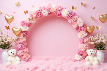 pink and gold birthday party with balloons flowers and teddy bears