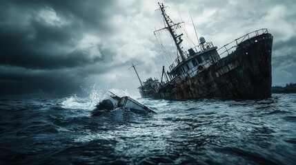 Shipwrecked vessel stranded in stormy waters coastal harbor dramatic photography dark atmosphere captivating scene