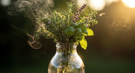 Herb Bouquet in Vase with Smoke and Sunlit Background
