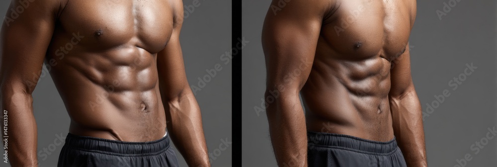 Poster torso twist movement showcasing core strength and defined muscles against a gradient sky background